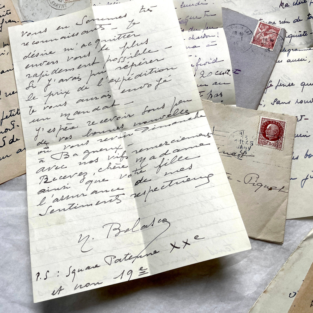 Lot of 1940s vintage French handwritten letters with old stamps and postmarks, including WWII era prisoner of war corresponde