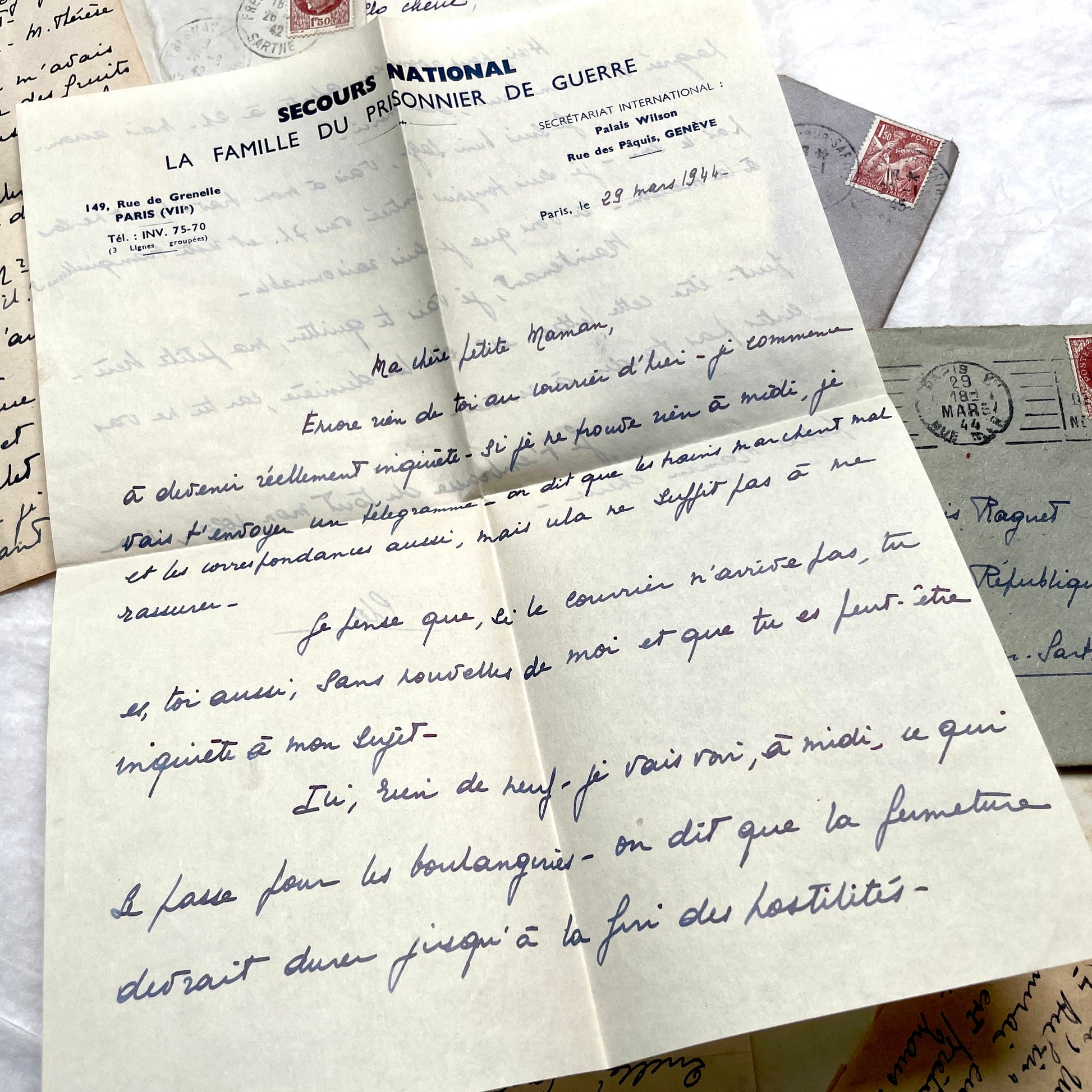 Lot of 1940s vintage French handwritten letters with old stamps and postmarks, including WWII era prisoner of war corresponde