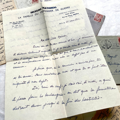 Lot of 1940s vintage French handwritten letters with old stamps and postmarks, including WWII era prisoner of war corresponde