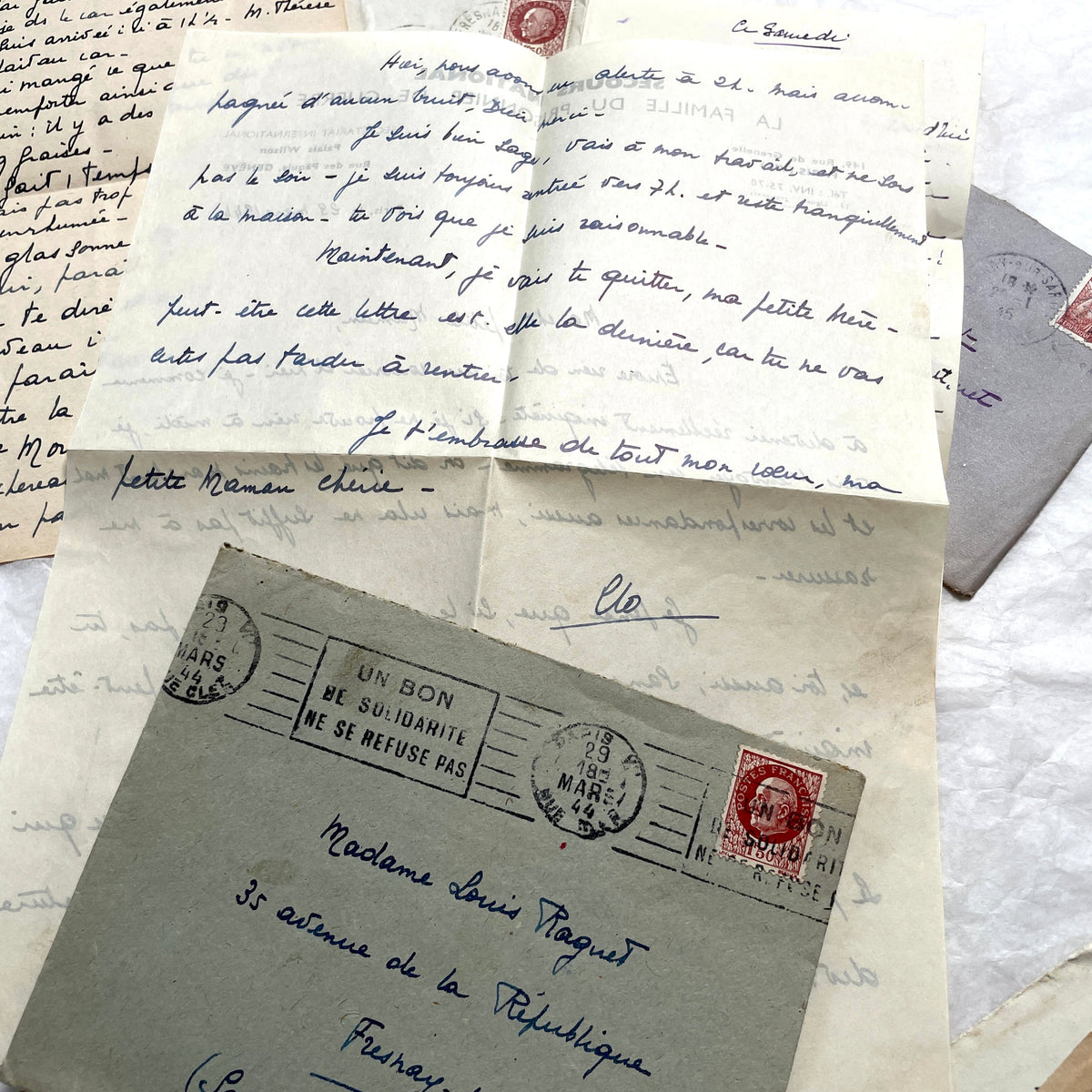 Lot of 1940s vintage French handwritten letters with old stamps and postmarks, including WWII era prisoner of war corresponde