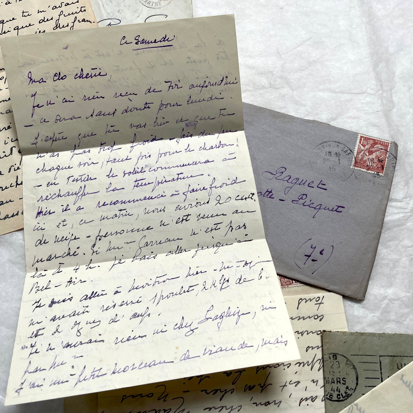 Lot of 1940s vintage French handwritten letters with old stamps and postmarks, including WWII era prisoner of war corresponde