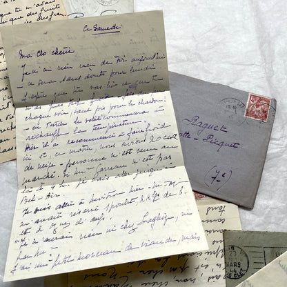 Lot of 1940s vintage French handwritten letters with old stamps and postmarks, including WWII era prisoner of war corresponde