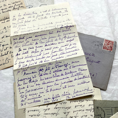 Lot of 1940s vintage French handwritten letters with old stamps and postmarks, including WWII era prisoner of war corresponde