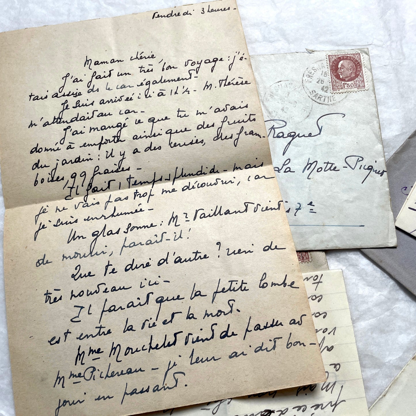 Lot of 1940s vintage French handwritten letters with old stamps and postmarks, including WWII era prisoner of war corresponde