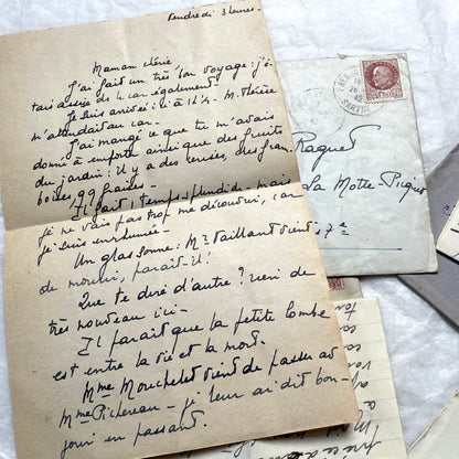 Lot of 1940s vintage French handwritten letters with old stamps and postmarks, including WWII era prisoner of war corresponde