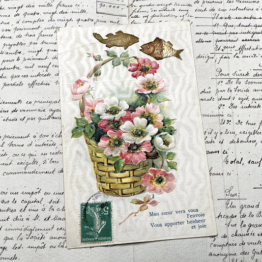 1900s - Embossed Floral Basket Postcard - Die-Cut Glitter Fish Accents - French Sentiment - Vintage Ephemera - Antique Paper Art