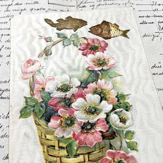1900s - Embossed Floral Basket Postcard - Die-Cut Glitter Fish Accents - French Sentiment - Vintage Ephemera - Antique Paper Art