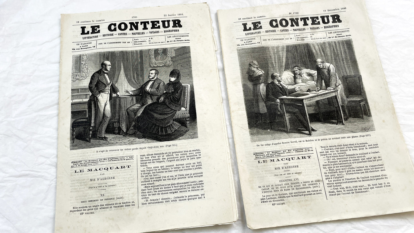 Late 19th - French Literary Newspaper Duo - Le Conteur Publications from 1880-1881 - Vintage French Periodical Set with Engravings