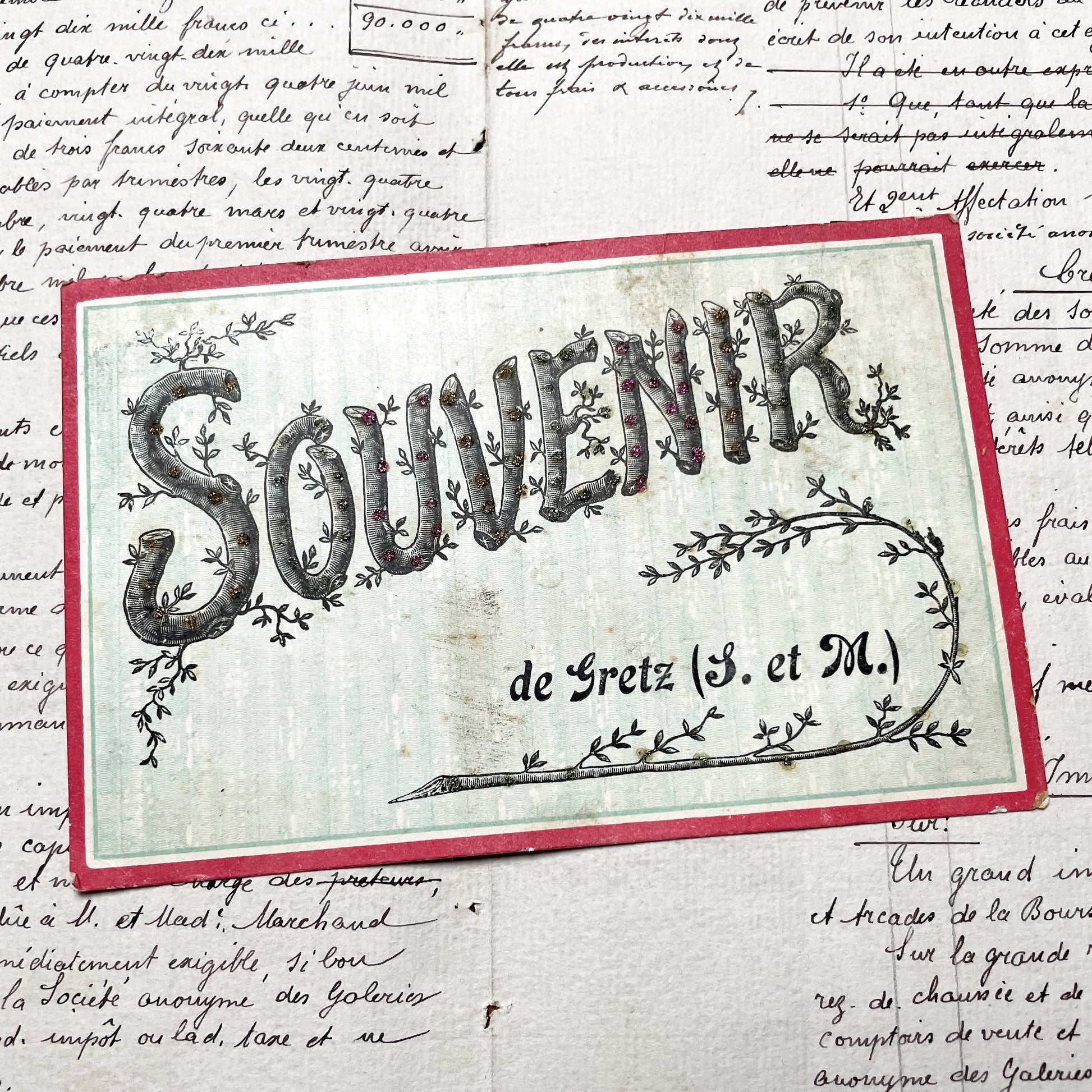 1900s - French Souvenir Card - Gretz Armainvilliers Glitter Ephemera - Antique Decorative Memento -  Paper Collectible