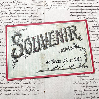 1900s - French Souvenir Card - Gretz Armainvilliers Glitter Ephemera - Antique Decorative Memento -  Paper Collectible