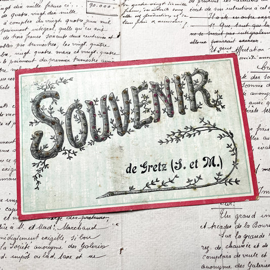 1900s - French Souvenir Card - Gretz Armainvilliers Glitter Ephemera - Antique Decorative Memento -  Paper Collectible