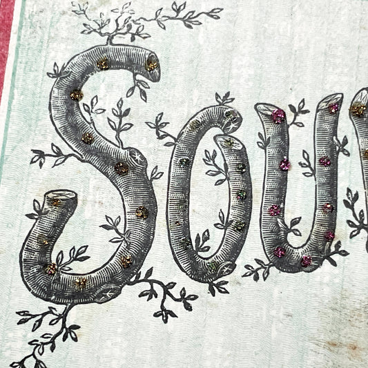 1900s - French Souvenir Card - Gretz Armainvilliers Glitter Ephemera - Antique Decorative Memento -  Paper Collectible