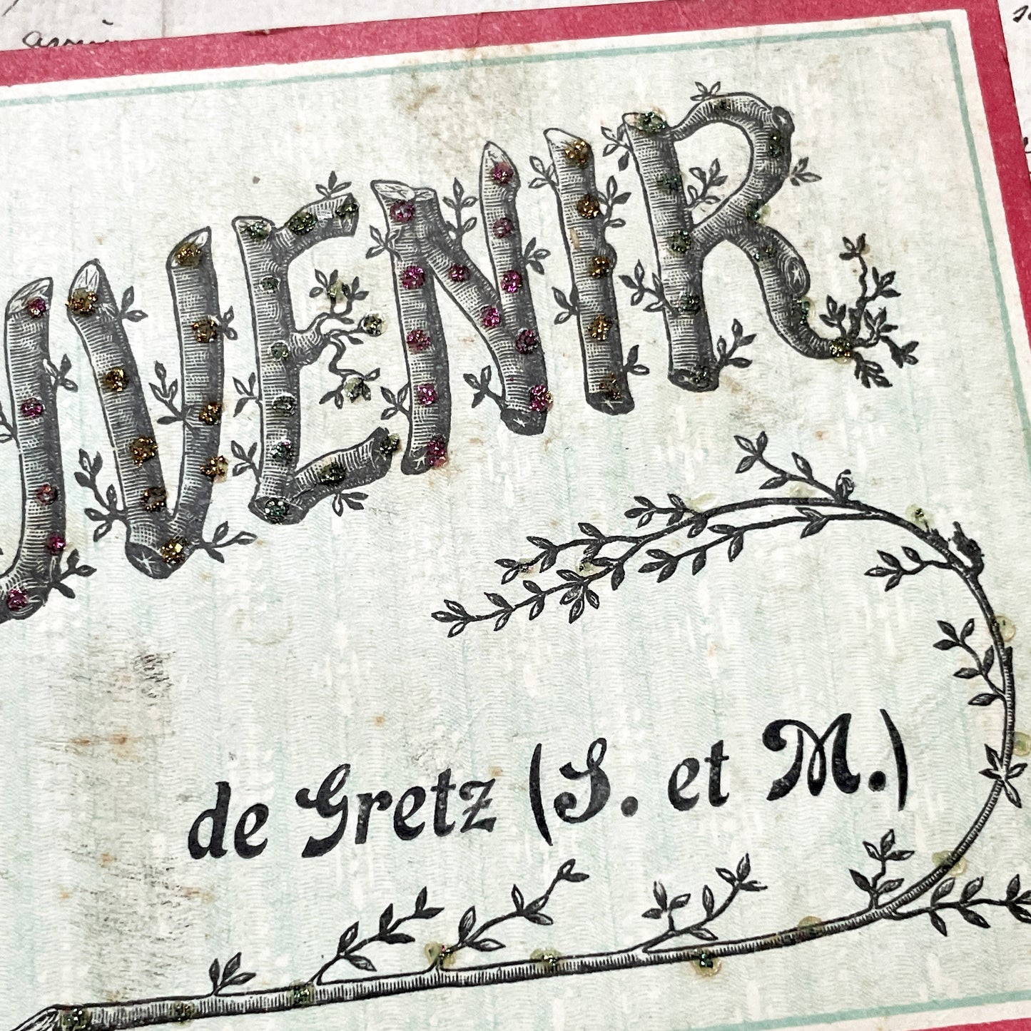 1900s - French Souvenir Card - Gretz Armainvilliers Glitter Ephemera - Antique Decorative Memento -  Paper Collectible