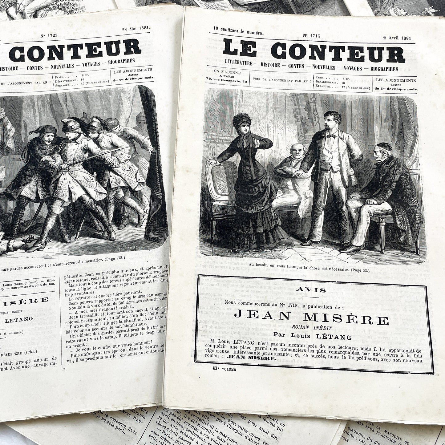 Late 19th - French Literary Periodicals Le Conteur - Two 1881 Editions - Original Engravings - Featuring Jean Misère Novel by Louis Letang