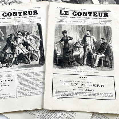 Late 19th - French Literary Periodicals Le Conteur - Two 1881 Editions - Original Engravings - Featuring Jean Misère Novel by Louis Letang