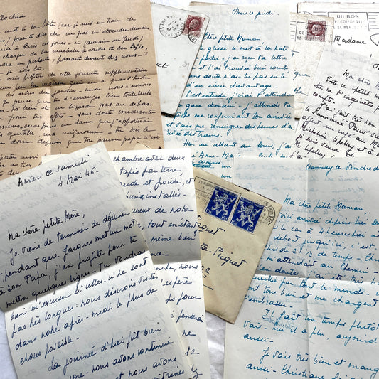 Vintage French handwritten letters lot from the 1940s, with original stamps and cursive script on aged paper.