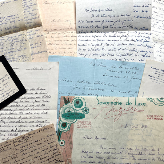 A set of 10 vintage French handwritten letters from the 1930s, showing various scripts and stationery designs.