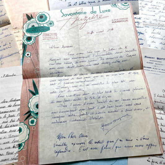 A set of 10 vintage French handwritten letters from the 1930s, showing various scripts and stationery designs.