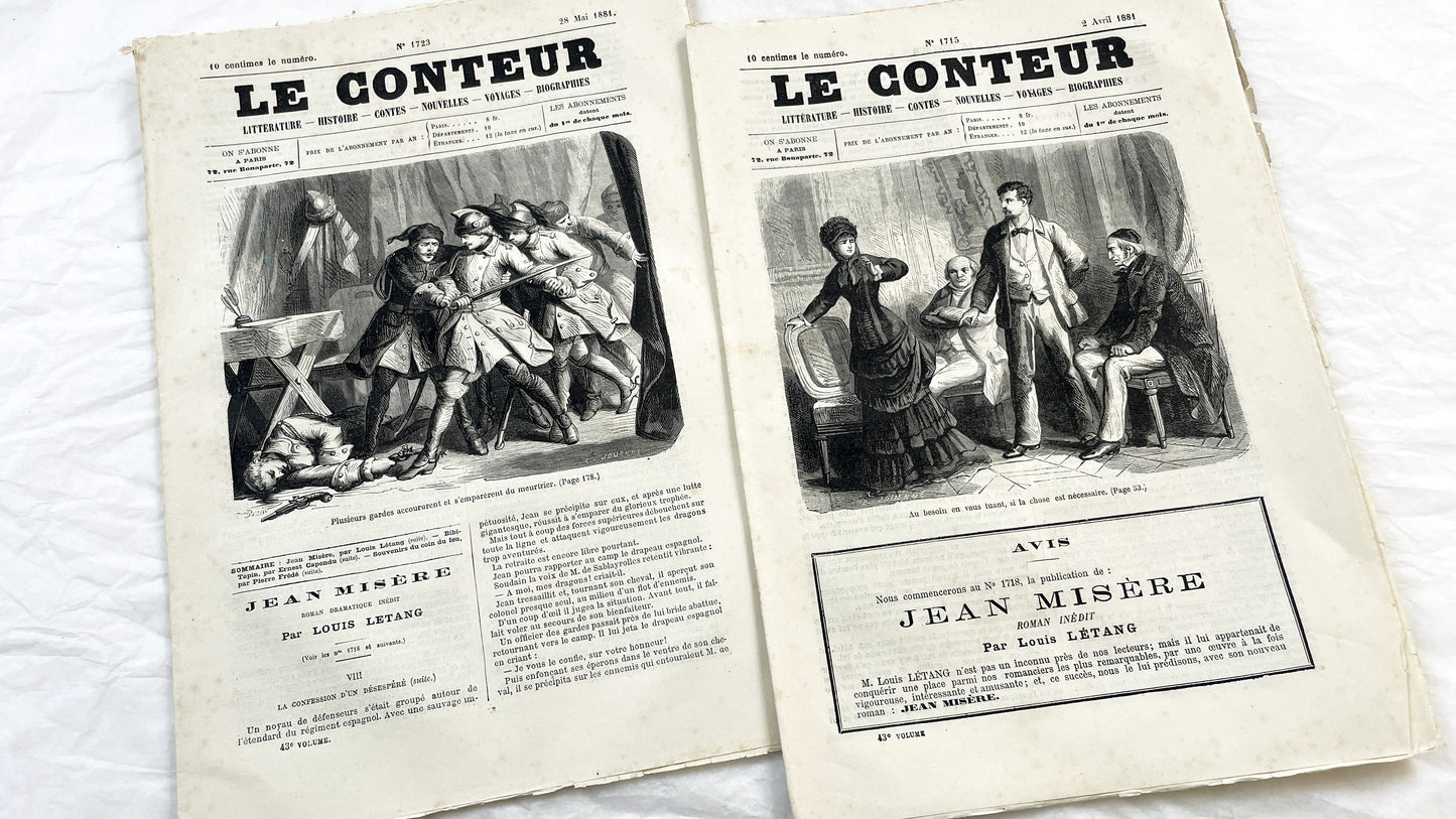 Late 19th - French Literary Periodicals Le Conteur - Two 1881 Editions - Original Engravings - Featuring Jean Misère Novel by Louis Letang