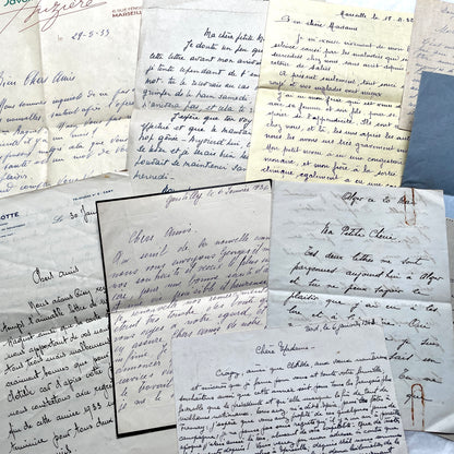 Set of 10 vintage French handwritten letters from the 1930s, showing varied elegant script and paper.