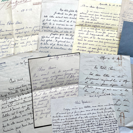 Set of 10 vintage French handwritten letters from the 1930s, showing varied elegant script and paper.