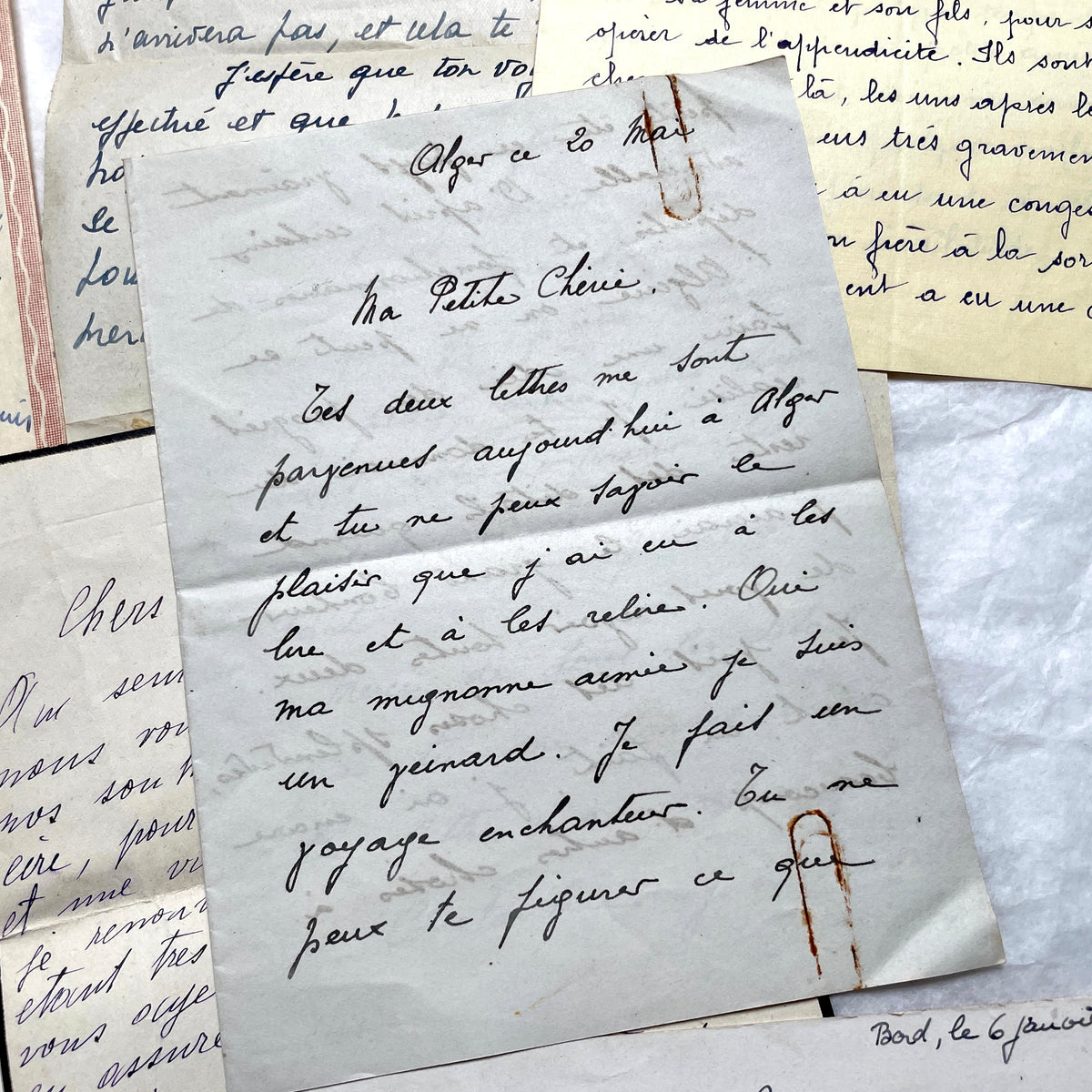 Set of 10 vintage French handwritten letters from the 1930s, showing varied elegant script and paper.