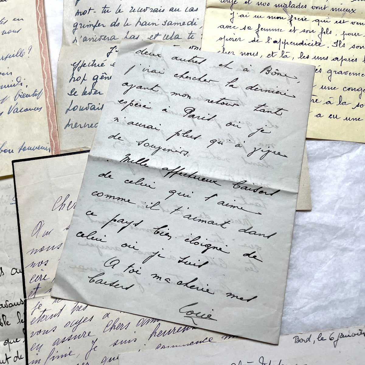 Set of 10 vintage French handwritten letters from the 1930s, showing varied elegant script and paper.