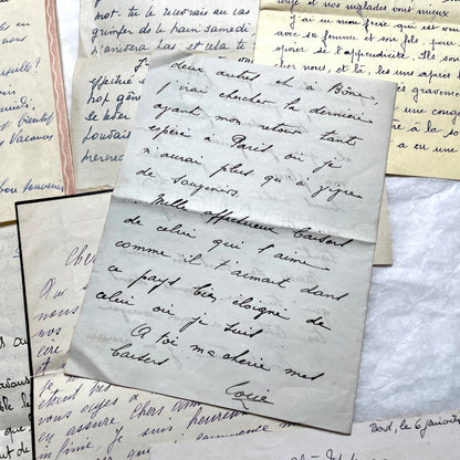 Set of 10 vintage French handwritten letters from the 1930s, showing varied elegant script and paper.