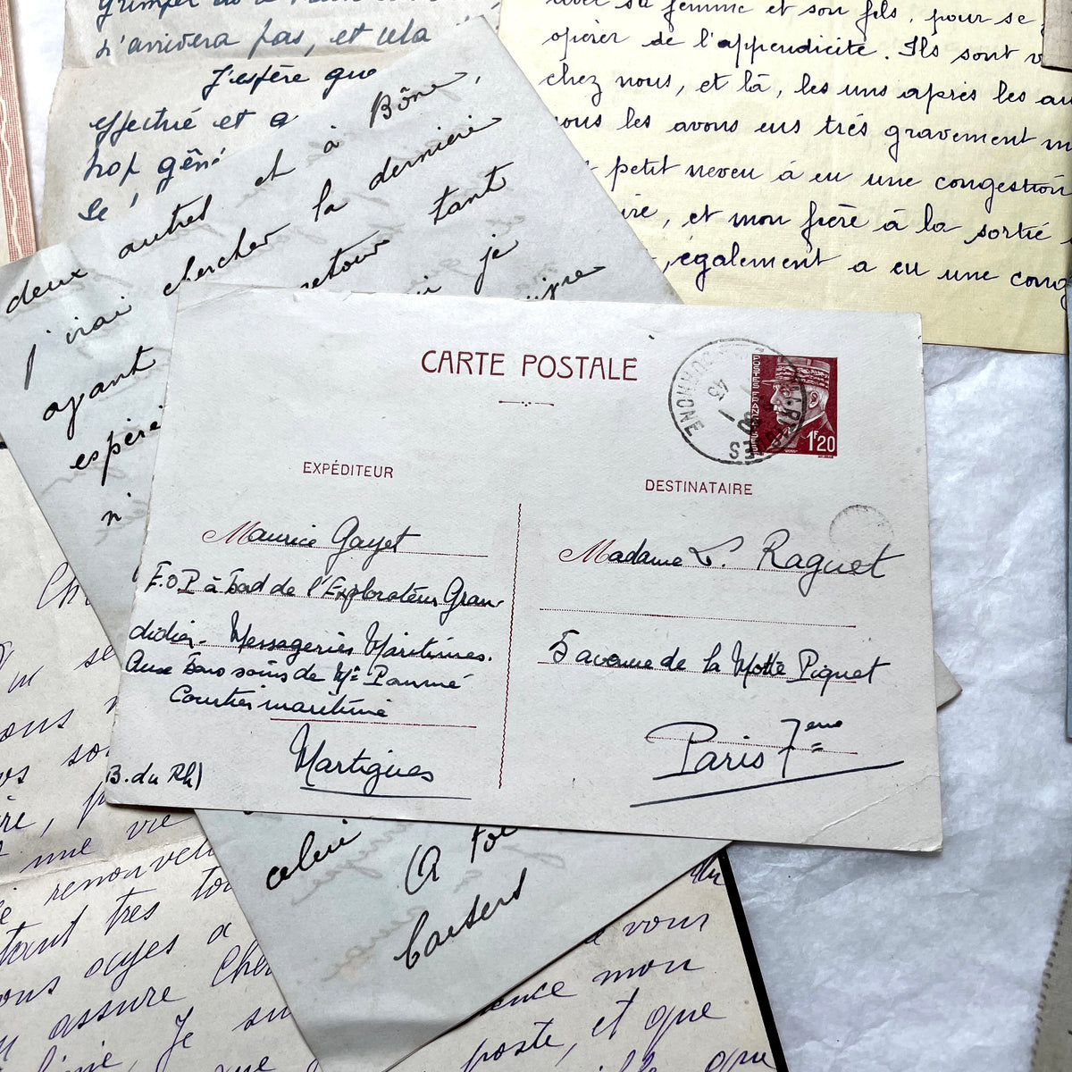 Set of 10 vintage French handwritten letters from the 1930s, showing varied elegant script and paper.