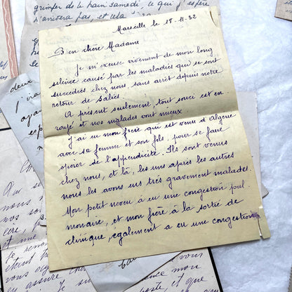 Set of 10 vintage French handwritten letters from the 1930s, showing varied elegant script and paper.