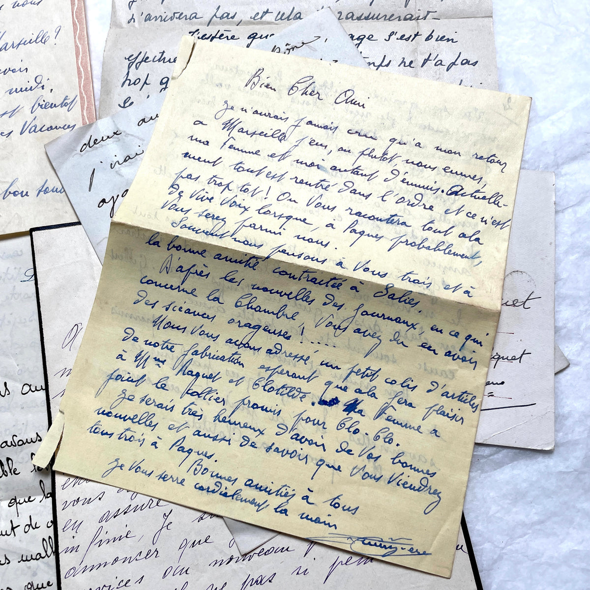 Set of 10 vintage French handwritten letters from the 1930s, showing varied elegant script and paper.