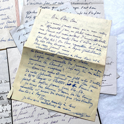Set of 10 vintage French handwritten letters from the 1930s, showing varied elegant script and paper.