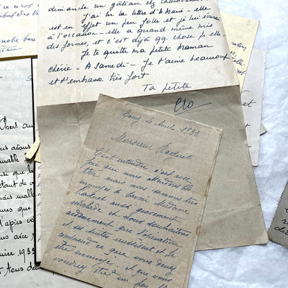 Set of 10 vintage French handwritten letters from the 1930s, showing varied elegant script and paper.