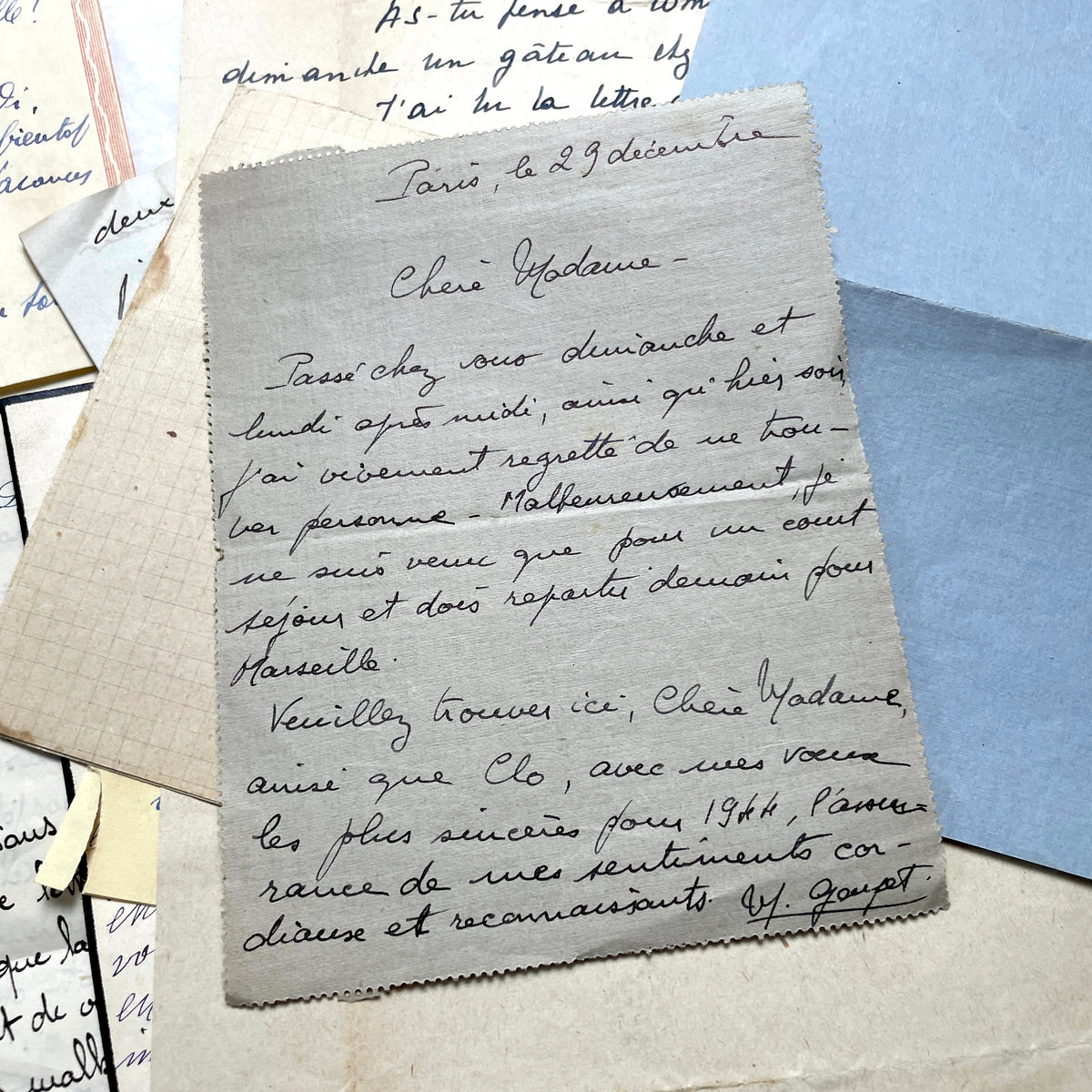 Set of 10 vintage French handwritten letters from the 1930s, showing varied elegant script and paper.