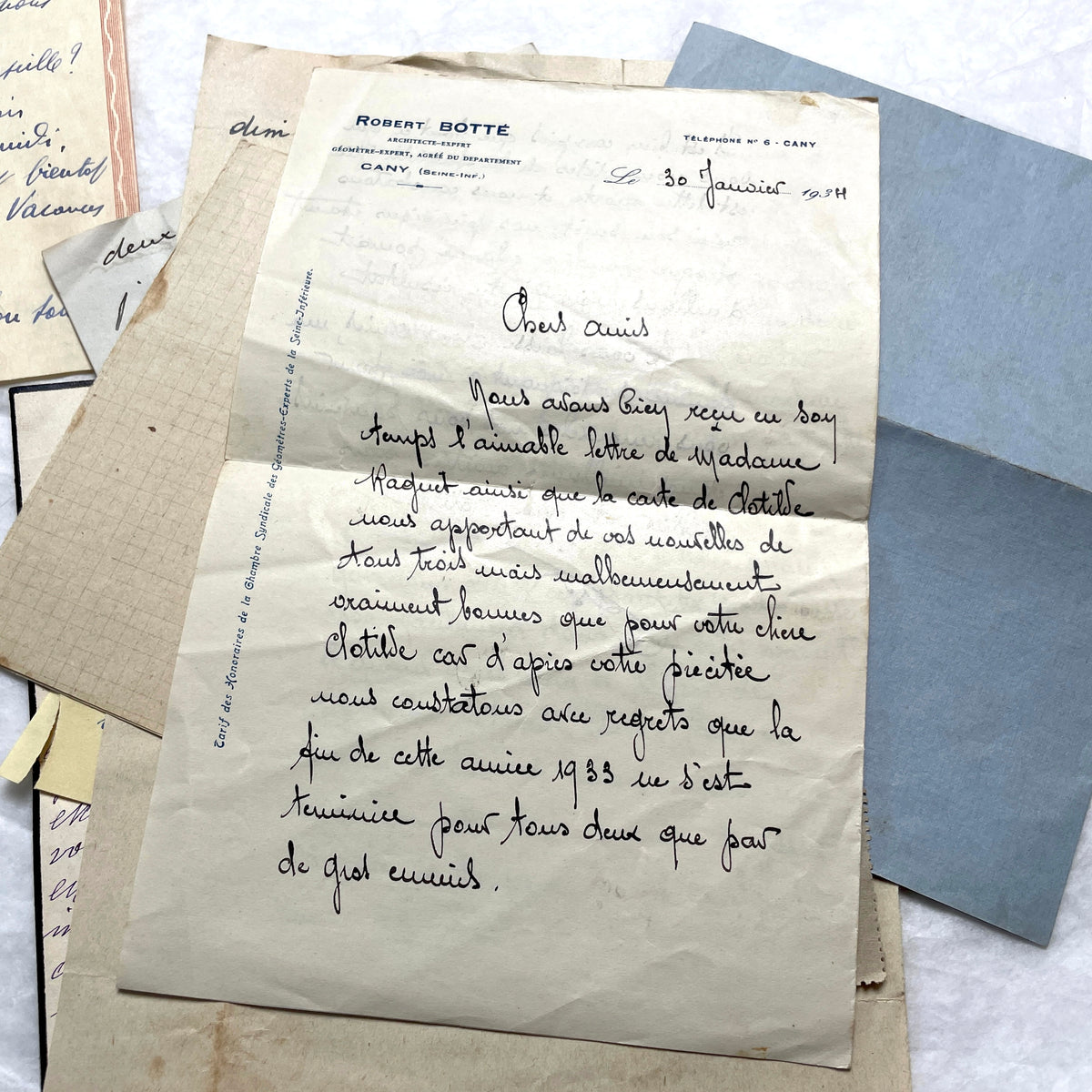 Set of 10 vintage French handwritten letters from the 1930s, showing varied elegant script and paper.
