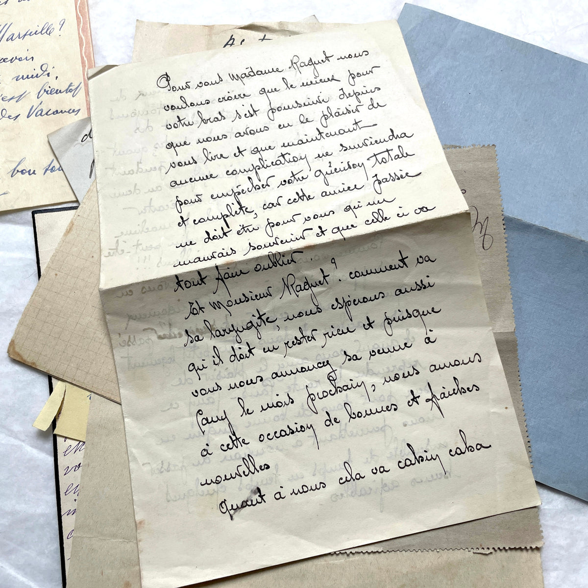 Set of 10 vintage French handwritten letters from the 1930s, showing varied elegant script and paper.