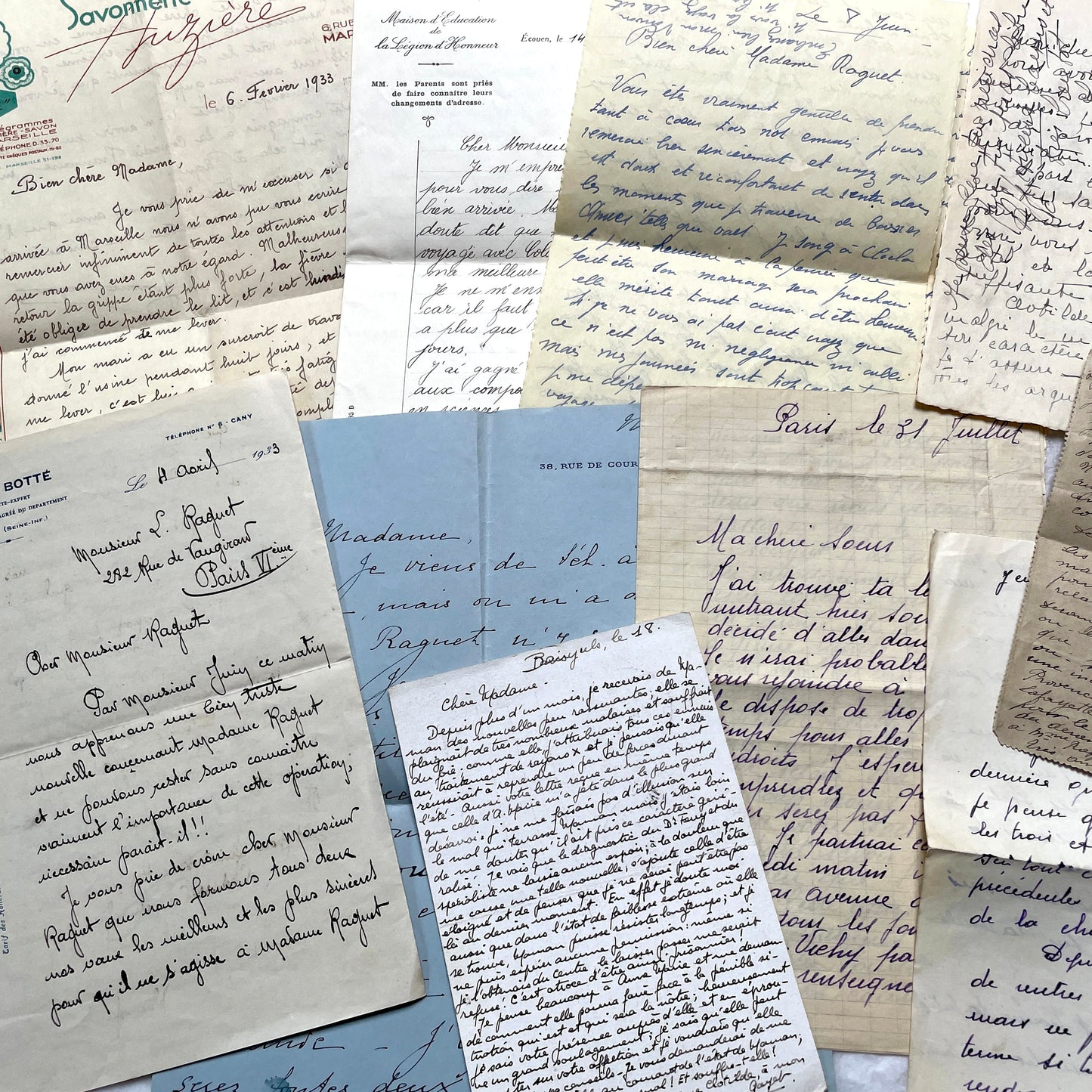 1930s French handwritten letter set - vintage paper ephemera with elegant cursive and letterheads.