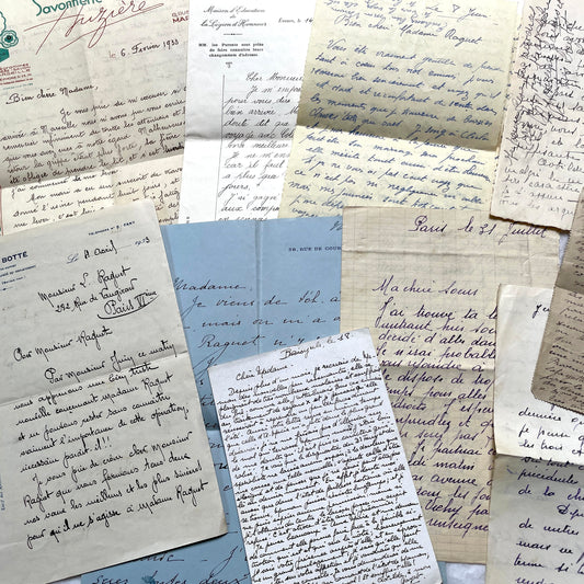 1930s French handwritten letter set - vintage paper ephemera with elegant cursive and letterheads.