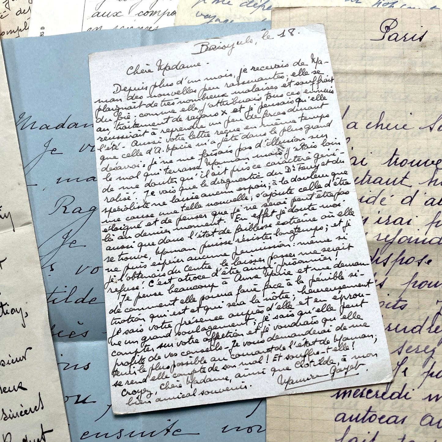 1930s French handwritten letter set - vintage paper ephemera with elegant cursive and letterheads.
