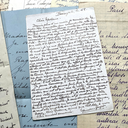 1930s French handwritten letter set - vintage paper ephemera with elegant cursive and letterheads.