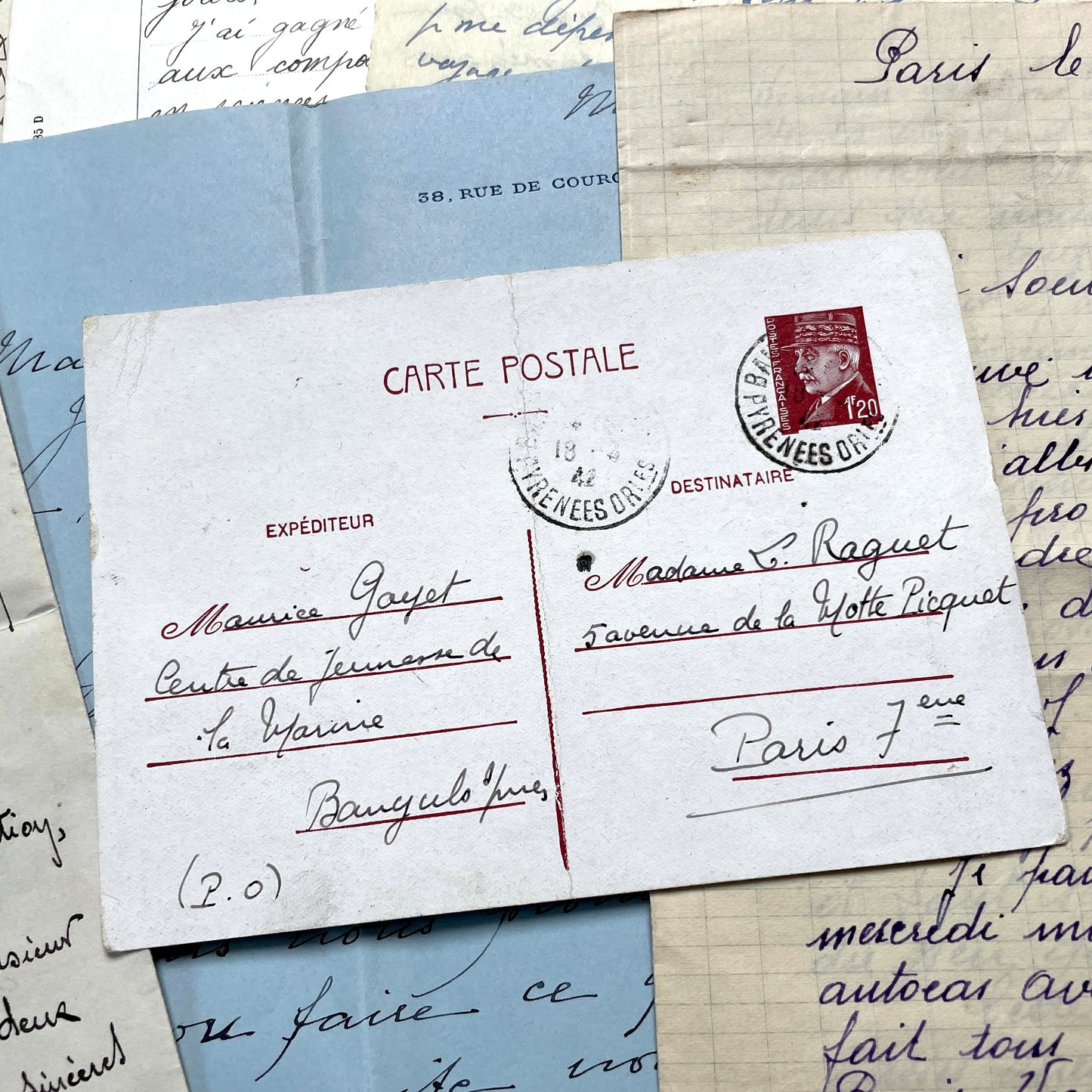 1930s French handwritten letter set - vintage paper ephemera with elegant cursive and letterheads.