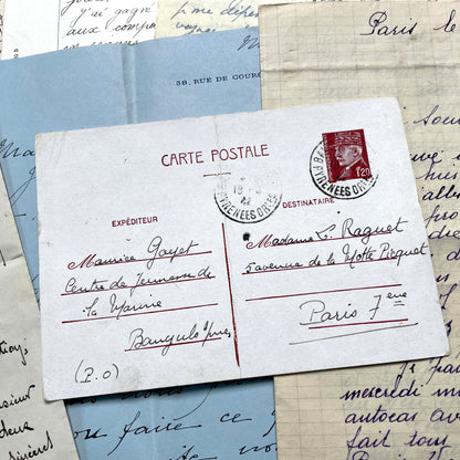 1930s French handwritten letter set - vintage paper ephemera with elegant cursive and letterheads.