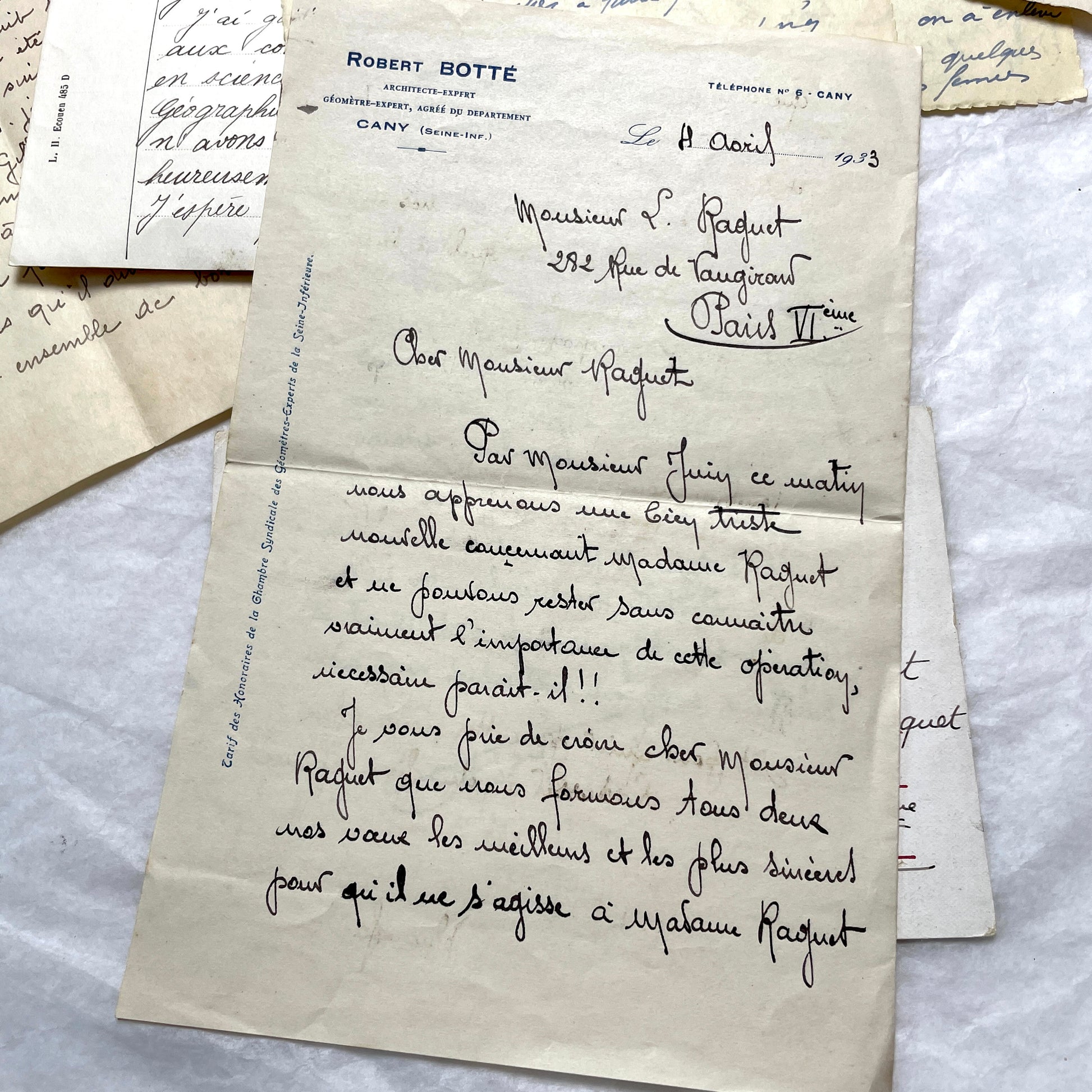 1930s French handwritten letter set - vintage paper ephemera with elegant cursive and letterheads.