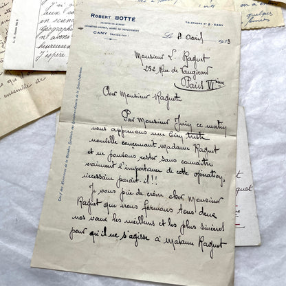 1930s French handwritten letter set - vintage paper ephemera with elegant cursive and letterheads.