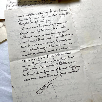 1930s French handwritten letter set - vintage paper ephemera with elegant cursive and letterheads.