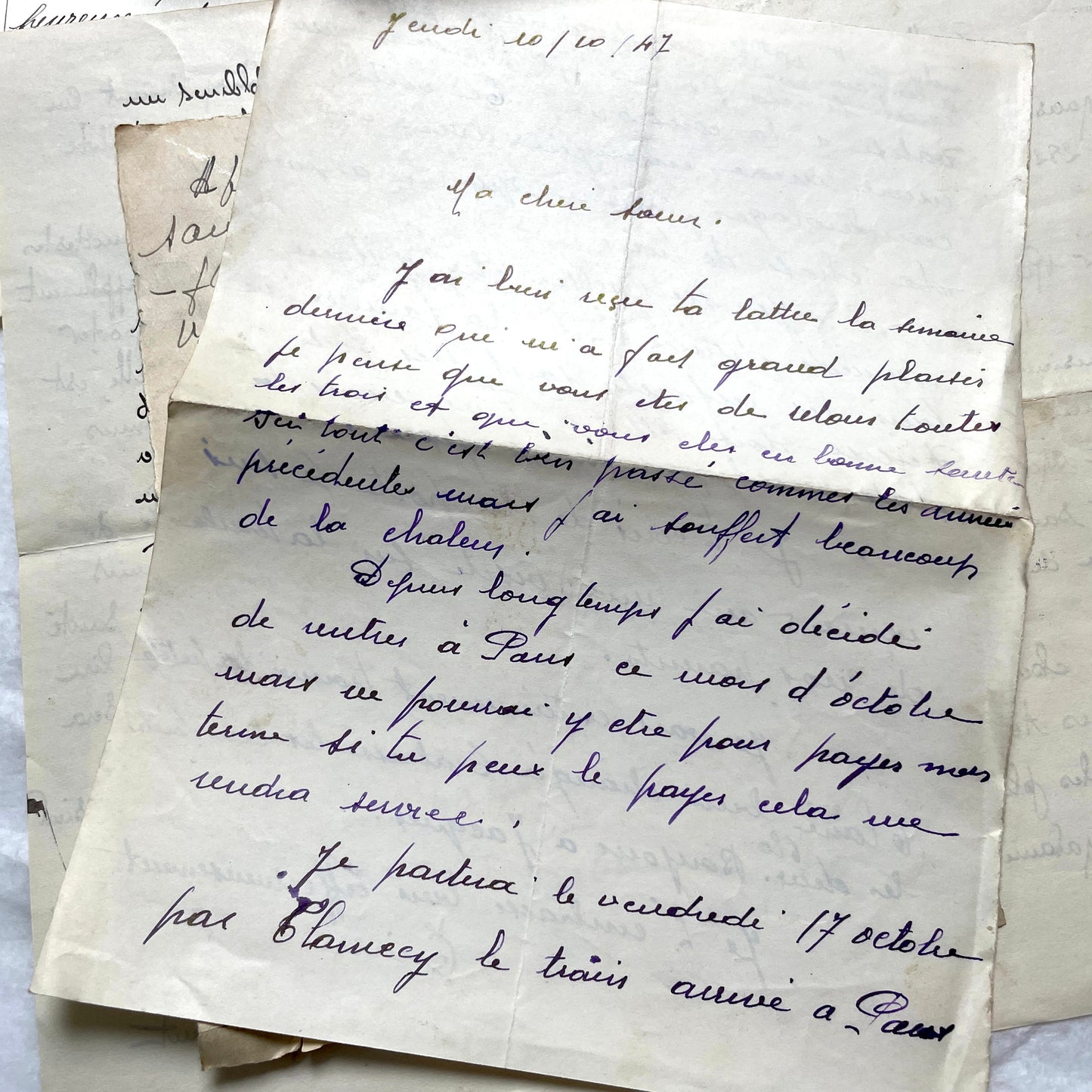 1930s French handwritten letter set - vintage paper ephemera with elegant cursive and letterheads.