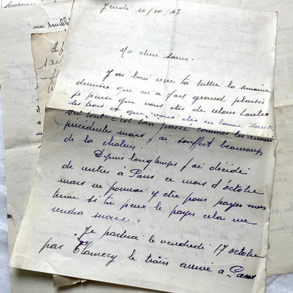 1930s French handwritten letter set - vintage paper ephemera with elegant cursive and letterheads.