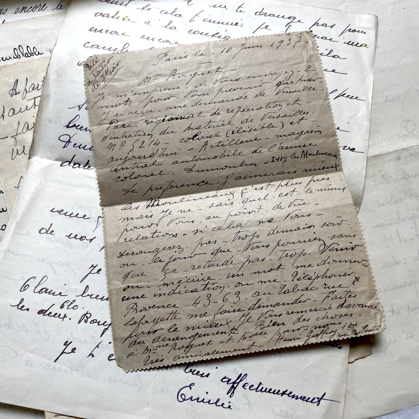 1930s French handwritten letter set - vintage paper ephemera with elegant cursive and letterheads.