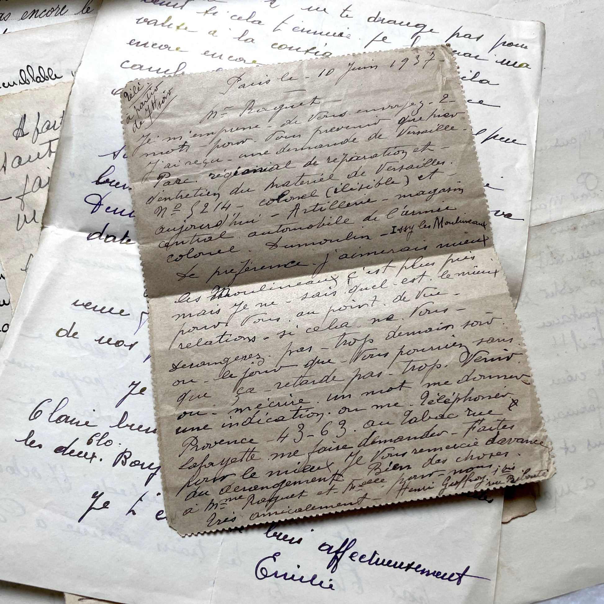 1930s French handwritten letter set - vintage paper ephemera with elegant cursive and letterheads.