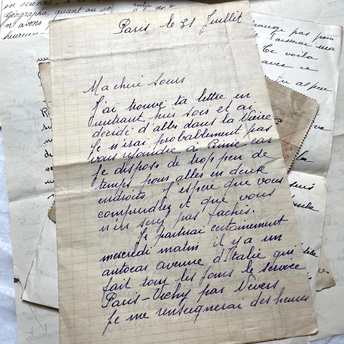 1930s French handwritten letter set - vintage paper ephemera with elegant cursive and letterheads.